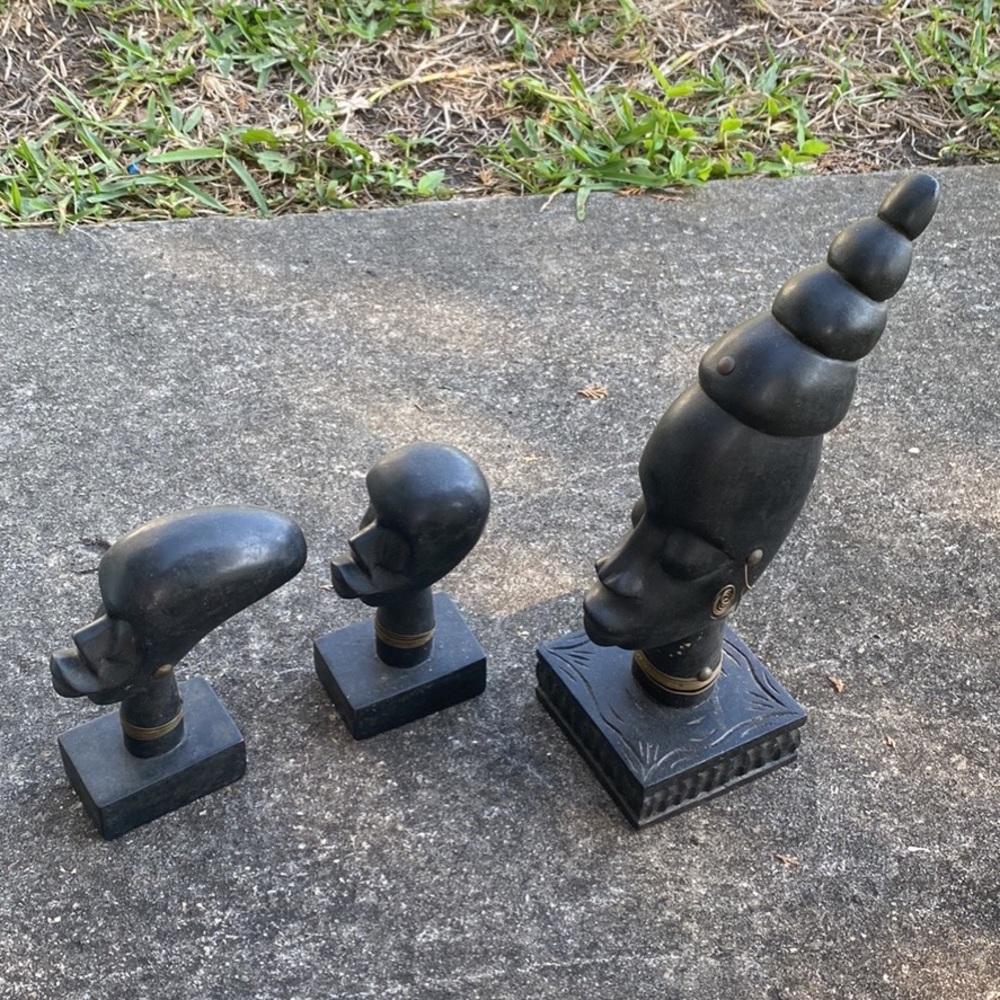 Set of 3 Antique 1950s Solid wood head carvings - South American